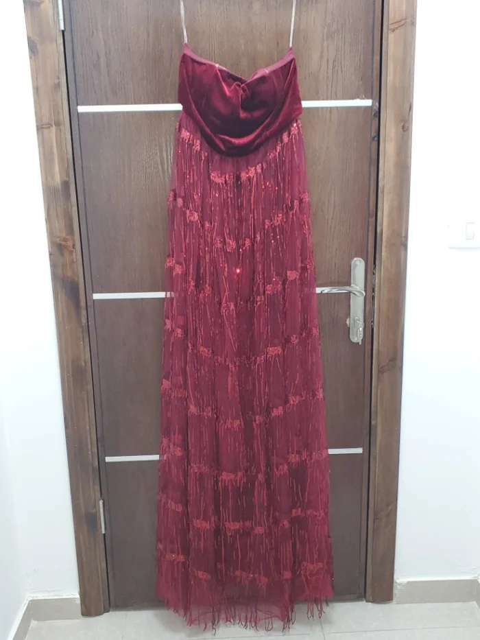 Red strapless dress